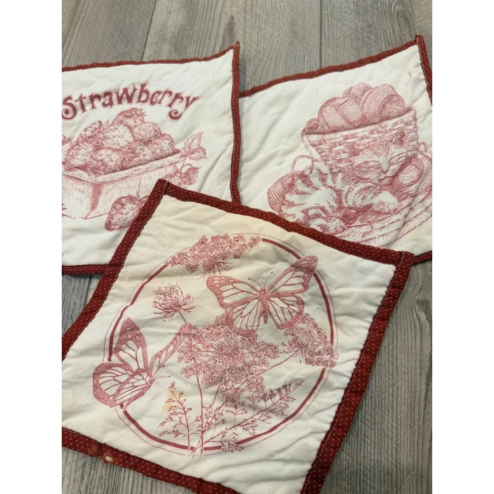 Vintage Set of 3 Quilted Fabric Coasters Red Toile Strawberry Cat Butterfly 8.5